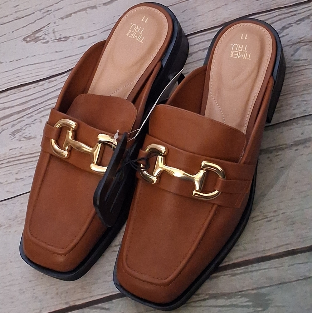 Time and Tru Brown Slip-On Mule Loafers with Gold Bit - Picture 5 of 5